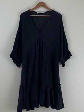 Free People Beach Navy Knit Ruffle Tiered Tunic Dress Size Large